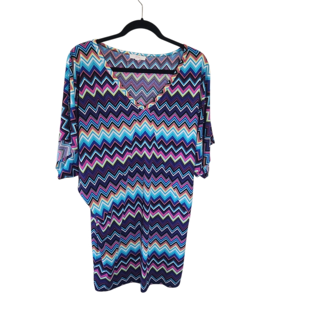 Trina Turk Blue, Purple, White, and Green Chevron Patterned Tunic Blouse